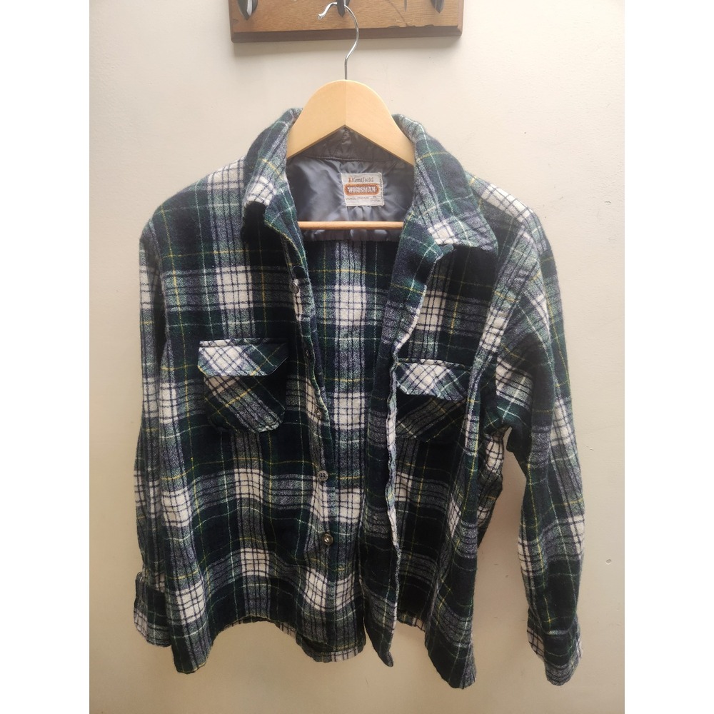 Kentfield Woodsman‎ Mens XL Wool Blend Plaid Flannel Shirt Green White Vintage